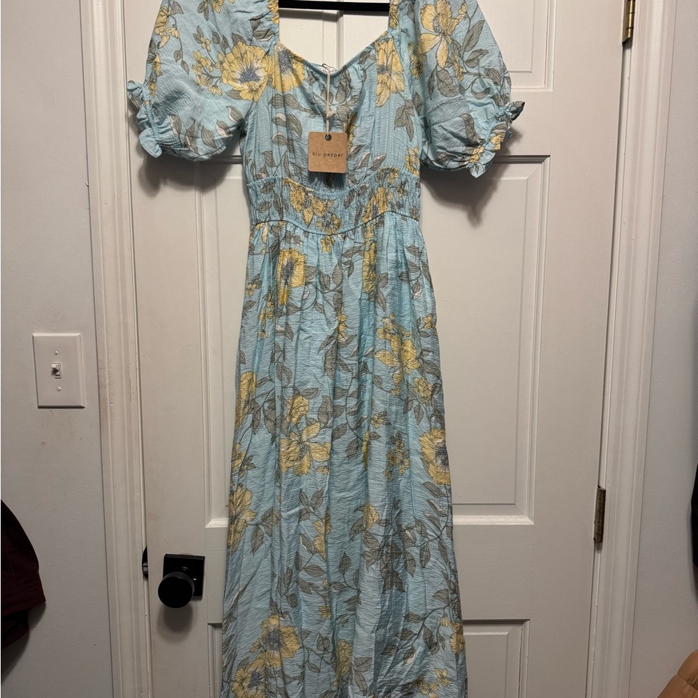 Blue and Yellow Ruched Puff Sleeve Maxi Sundress